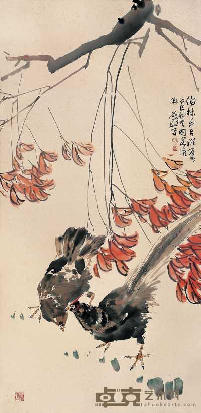 李道熙 己巳(1989年)作 红叶双雉 立轴 134×36cm